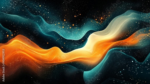 Vibrant orange teal white psychedelic grainy gradient color flow wave on black background, music cover dance party poster design, Generative AI