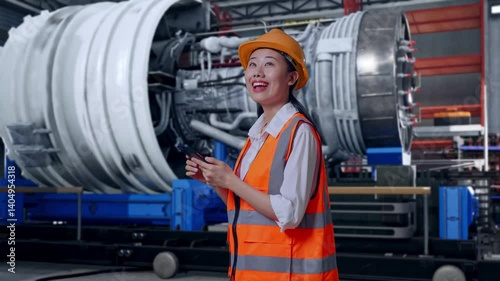 Wallpaper Mural Side View Of Asian Female Engineer With Safety Helmet Using Smartphone And Looking Around While Standing With Airplane Engine Maintenance Conducted Torontodigital.ca