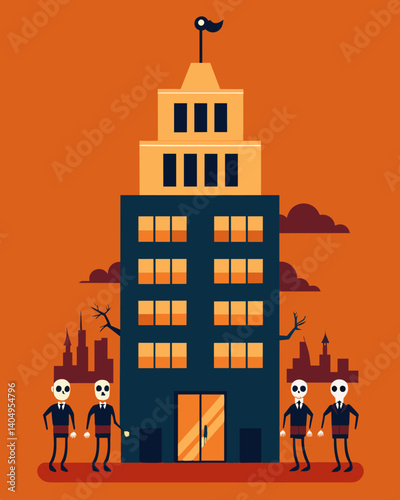 The office that was once a symbol of success and growth now stands as a haunting reminder of the effects of downsizing with only a skeleton crew left to keep it running.. Vector illustration