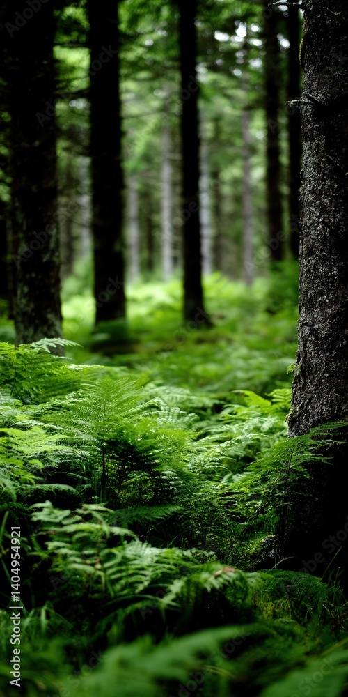 Naklejka premium Ferns flourish under tall trees in the forest