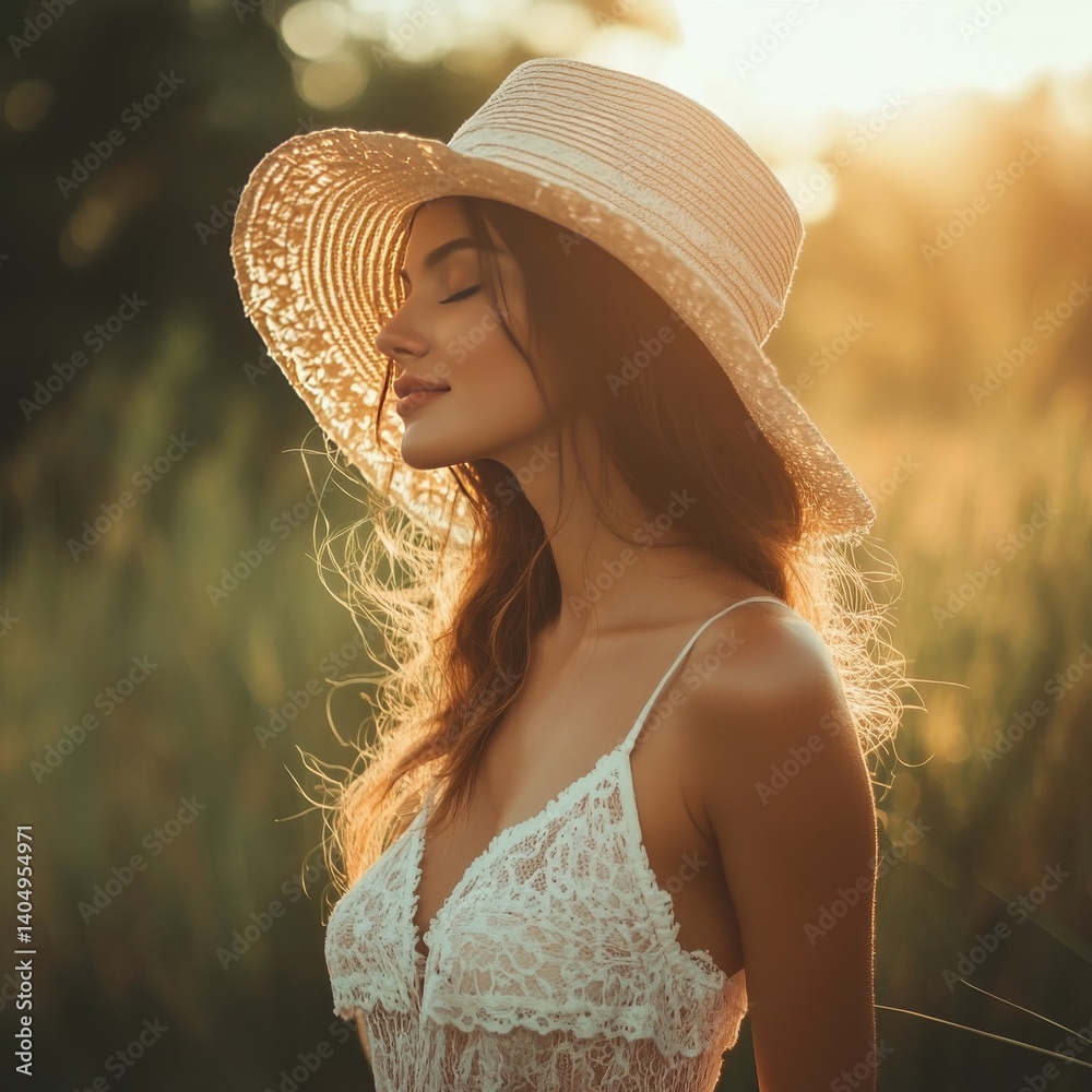 Stylish woman in hat enjoys summer.