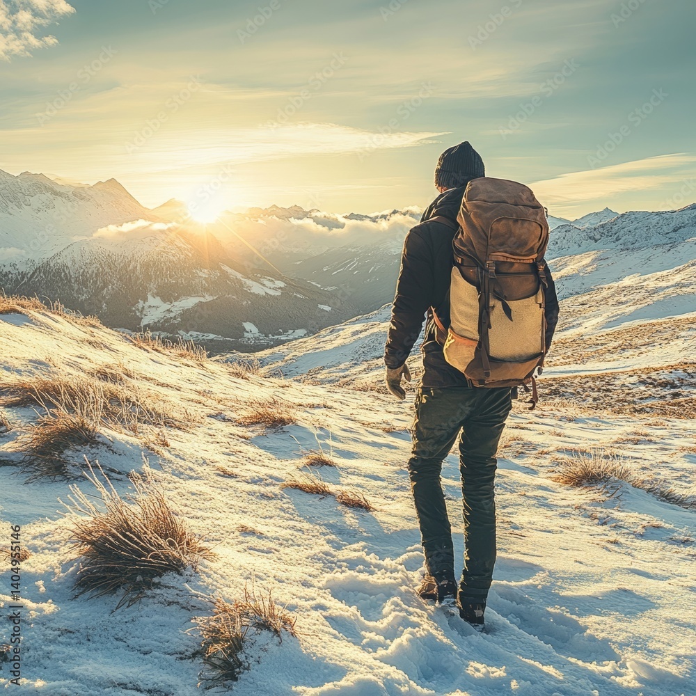 Man hikes snowy mountains with backpack in winter.