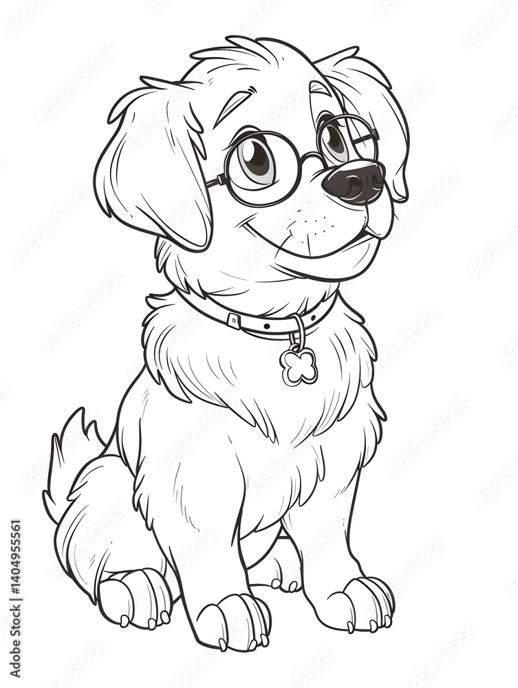 Fototapeta premium Cute Dog character wearing glasses coloring pages. Smart teacher concept