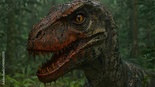 Closeup of velociraptor face against dence forest 