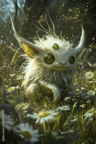 Enchanting forest creature amidst a vibrant field of daisies