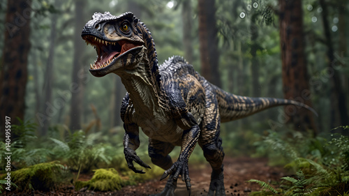 Roaring velociraptor in dence forest, prehistoric life 