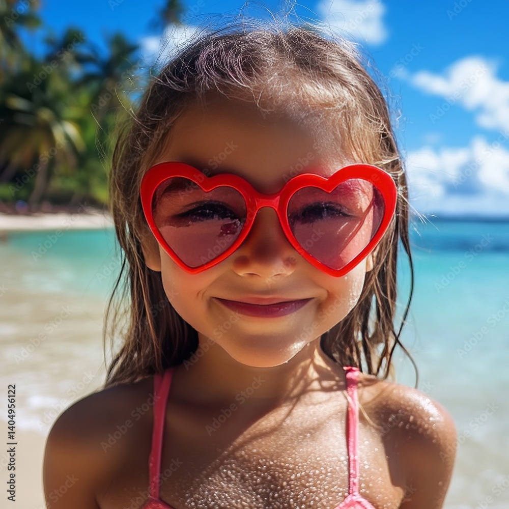 Preteen smiles in heart sunglasses, tropical backdrop.