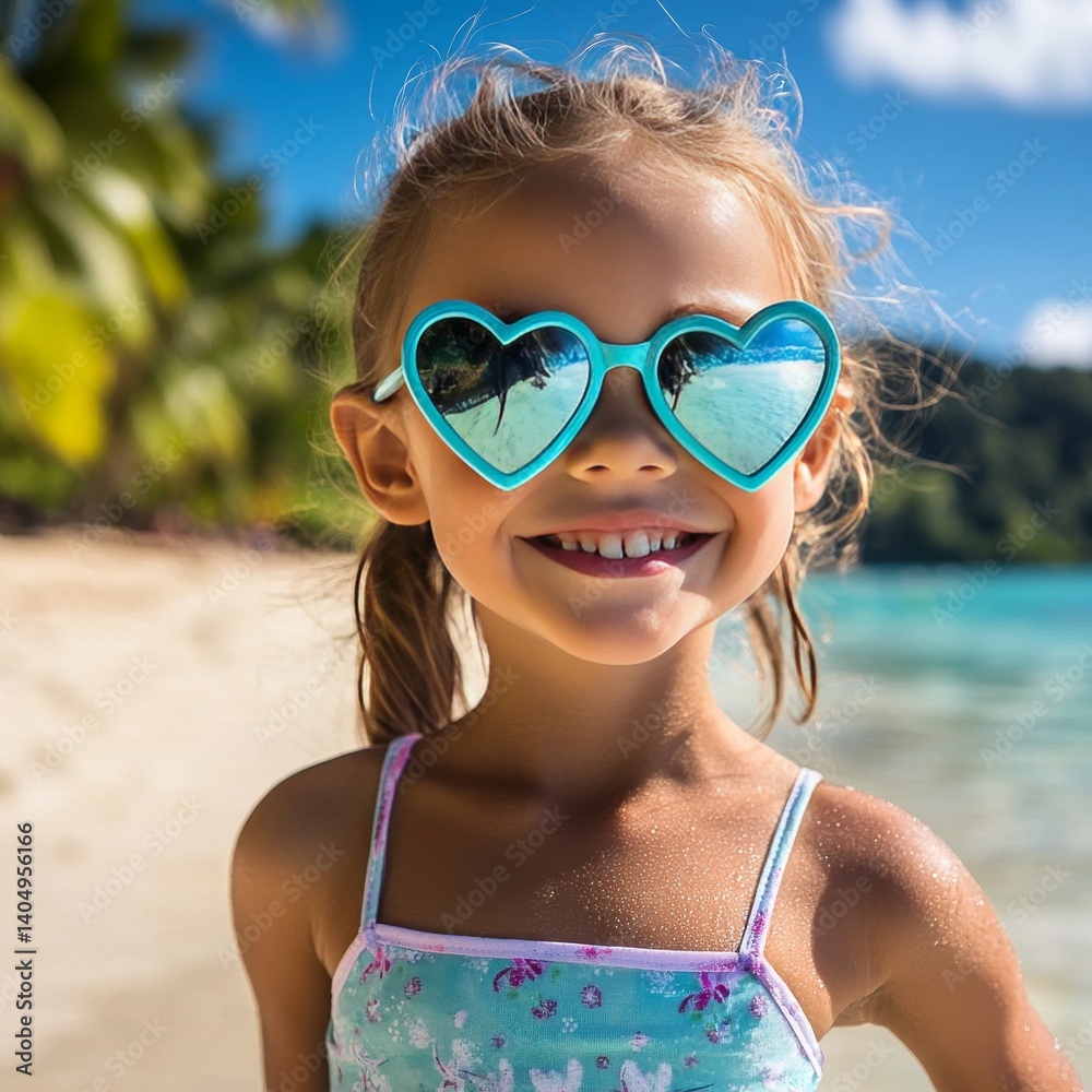 Heart glasses girl smiles on Polynesian beach.