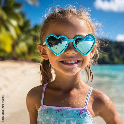 Obraz na płótnie Heart glasses girl smiles on Polynesian beach. w salonie