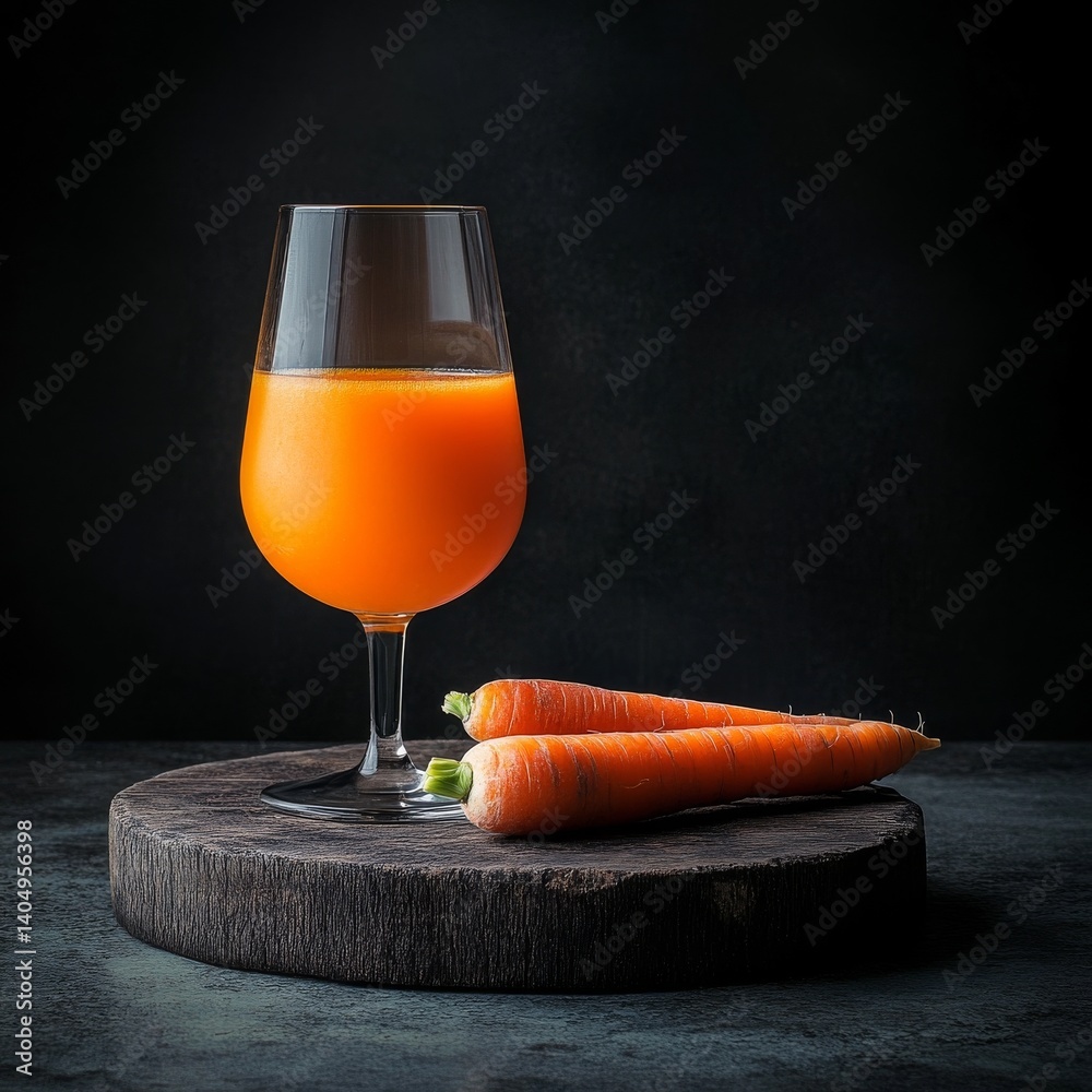 Carrot juice in glass, raw carrots.