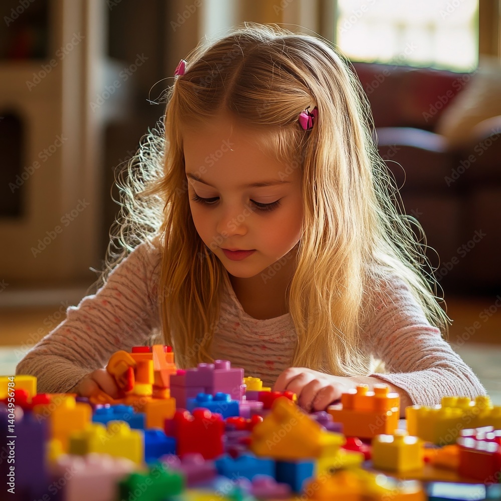 Young girl uses blocks for homeschool.