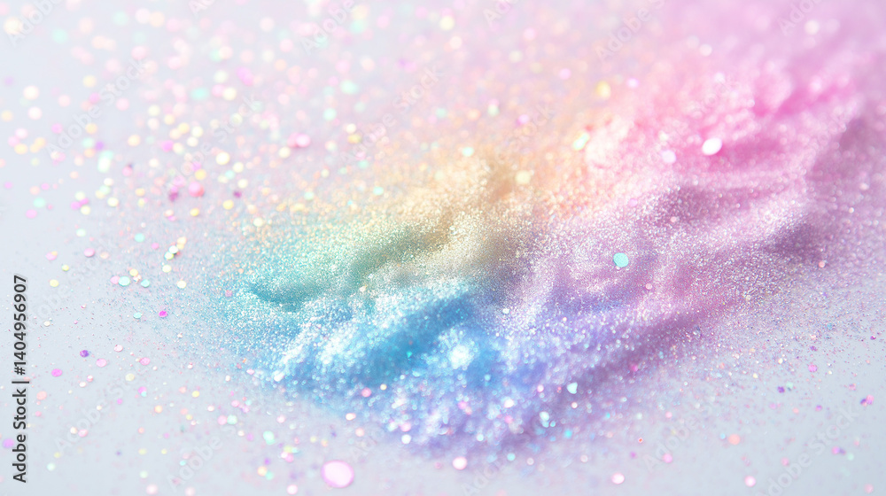 Fototapeta premium Holographic shimmer powder scatter in a dreamy pastel gradient, hyper-detailed light refraction, PNG on white