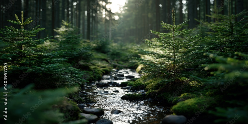 Fototapeta premium Lush forest stream flows through vibrant greenery