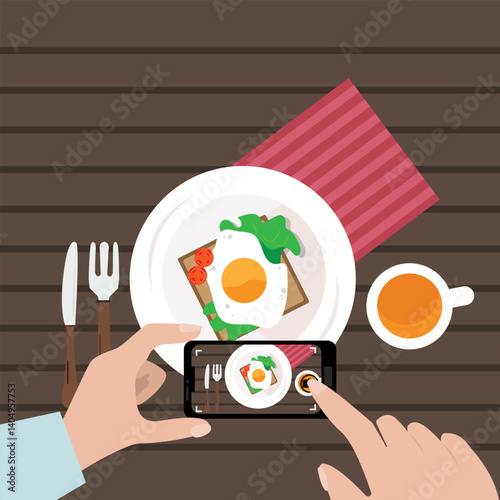Close up of hand taking picture of garnished food serving in a plate at cafe or restaurant vector illustration. food blogging concept.