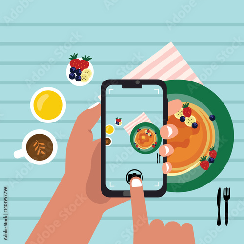 Close up of hand taking picture of garnished food serving in a plate at cafe or restaurant vector illustration. food blogging concept.