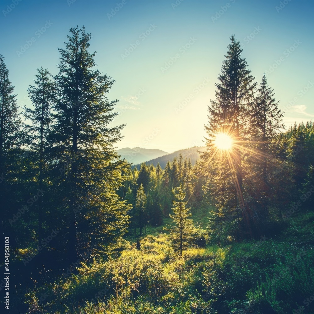 Sunshine on evergreen trees.