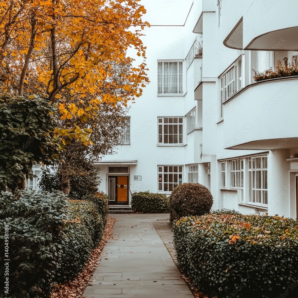 White apartments, colorful trees.