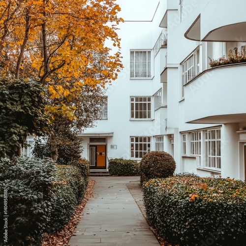 Obraz na płótnie White apartments, colorful trees. w salonie