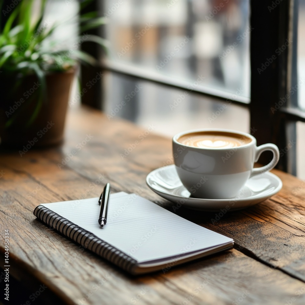 Coffee and book on a wooden desk.