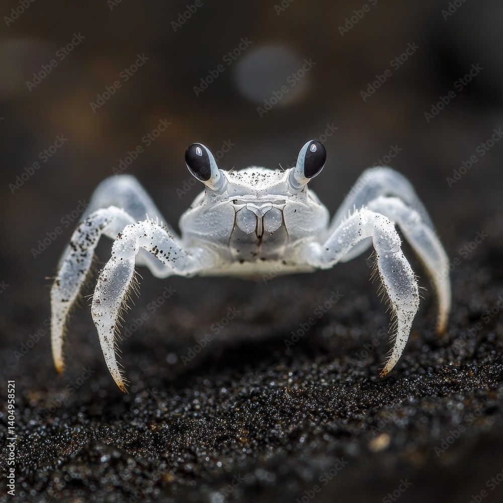 Close up: Small horned ghost crab on Costa Rican sand.