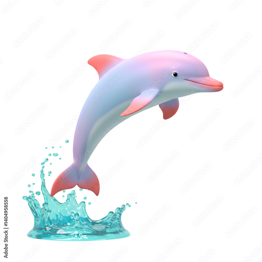 Obraz premium Playful pink and blue dolphin leaping from crystal-clear water on white