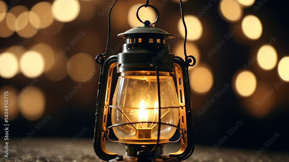 A beautifully vintage lantern with warm light against a blurred background of golden bokeh lights. Muslim holy month Ramadan Kareem concept. Eid al-Fitr