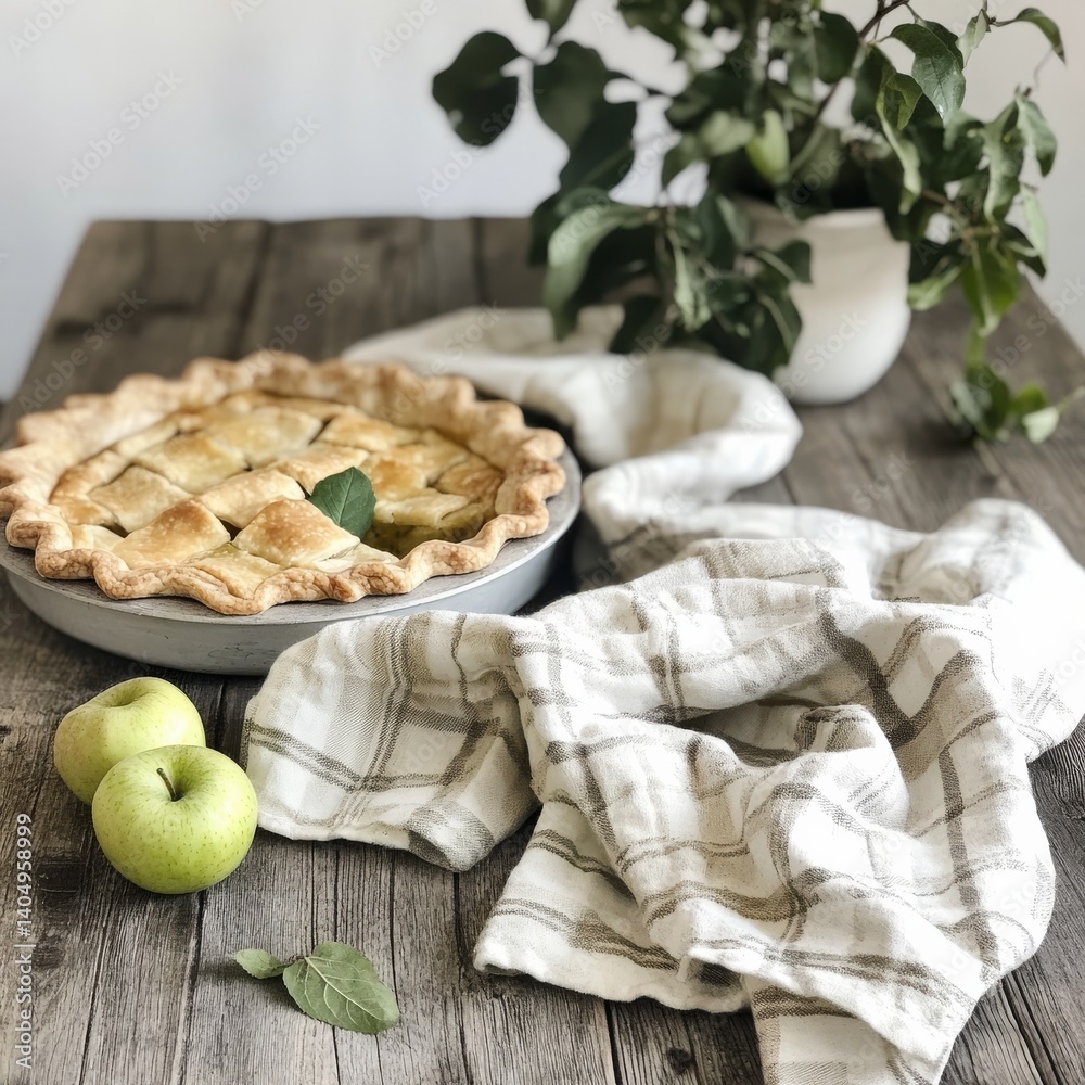 Rustic apple pie scene.