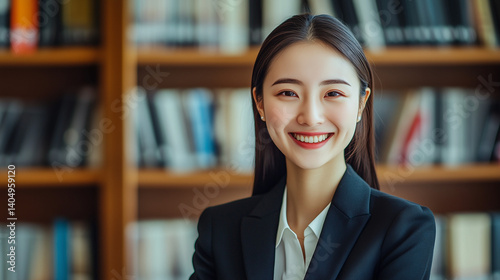 Portrait of smart, successful, businesslike, Asian office worker. Woman in corporate office. Smiling busy asian business woman entrepreneur. Happy female professional executive manager. AI generation
