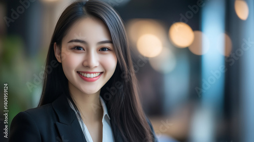 Portrait of smart, successful, businesslike, Asian office worker. Woman in corporate office. Smiling busy asian business woman entrepreneur. Happy female professional executive manager. AI generation
