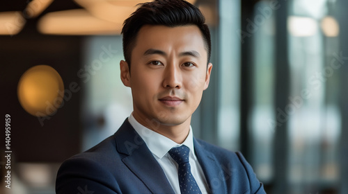 Portrait of smart, successful, businesslike, Asian office worker. Person in corporate office. Smiling busy asian business man entrepreneur. Happy male professional executive manager. AI generation
