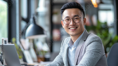 Portrait of smart, successful, businesslike, Asian office worker. Person in corporate office. Smiling busy asian business man entrepreneur. Happy male professional executive manager. AI generation
