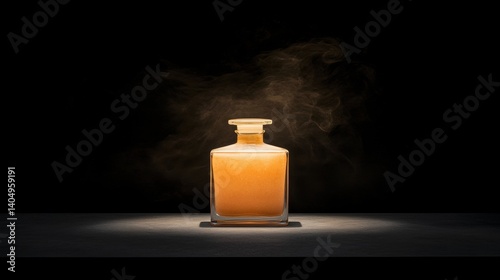 A glass bottle of amber liquid sits on a black surface, surrounded by steam.