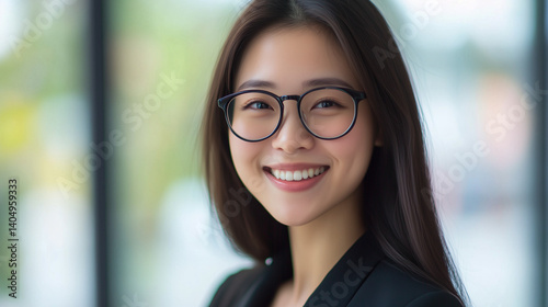 Portrait of smart, successful, businesslike, Asian office worker. Woman in corporate office. Smiling busy asian business woman entrepreneur. Happy female professional executive manager. AI generation
