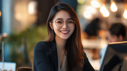 Portrait of smart, successful, businesslike, Asian office worker. Woman in corporate office. Smiling busy asian business woman entrepreneur. Happy female professional executive manager. AI generation
