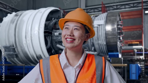Wallpaper Mural Close Up Of Asian Female Engineer Wearing Safety Helmet Looking Around While Standing With Arms Akimbo With Airplane Engine Maintenance Conducted Torontodigital.ca