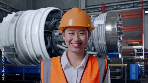 Wallpaper Mural Close Up Of Asian Female Engineer With Safety Helmet Smiling To Camera While Standing With Airplane Engine Maintenance Conducted Torontodigital.ca