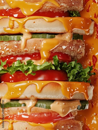 Stacked sandwich delight with layers of fresh ingredients and rich sauce