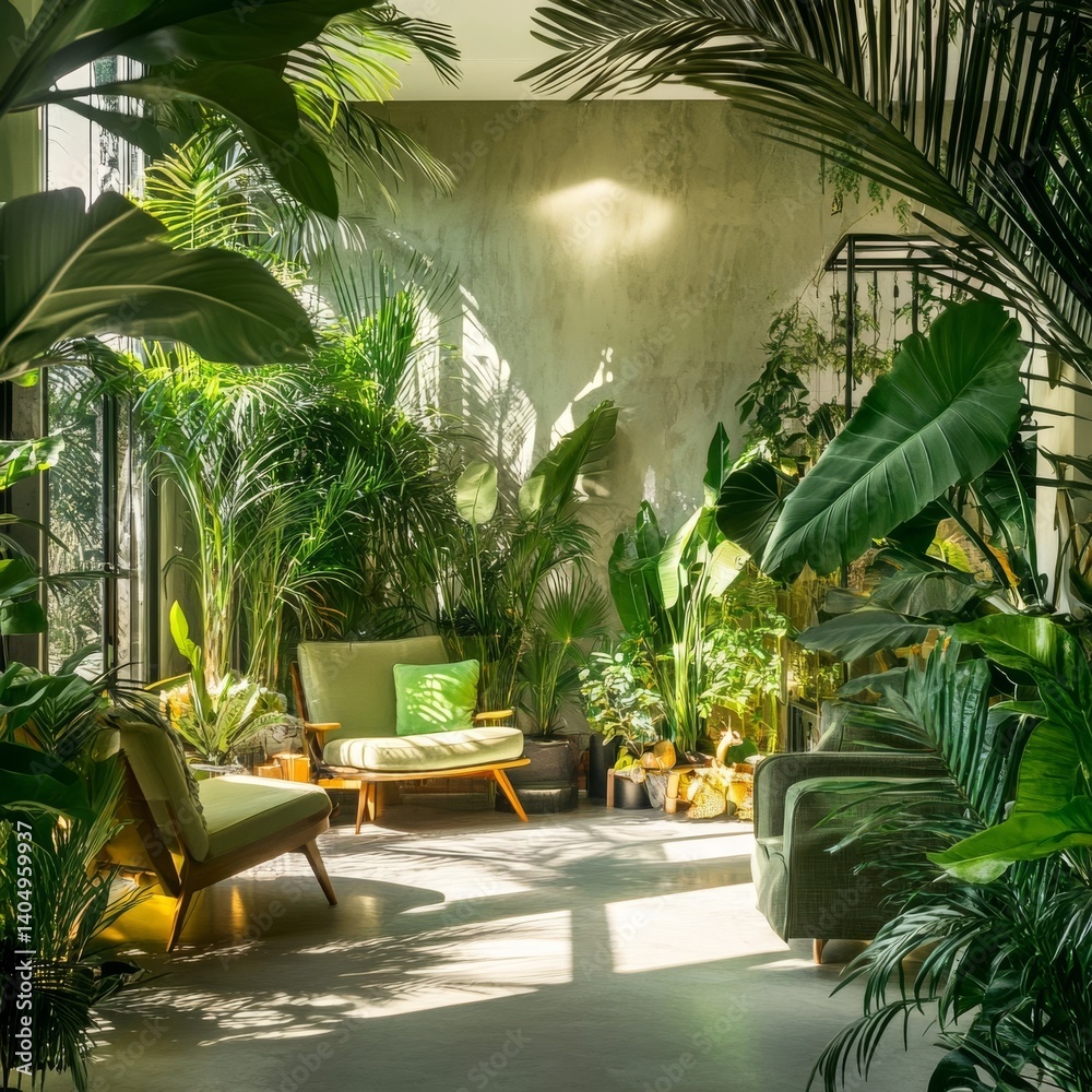 Room features lush green plants.