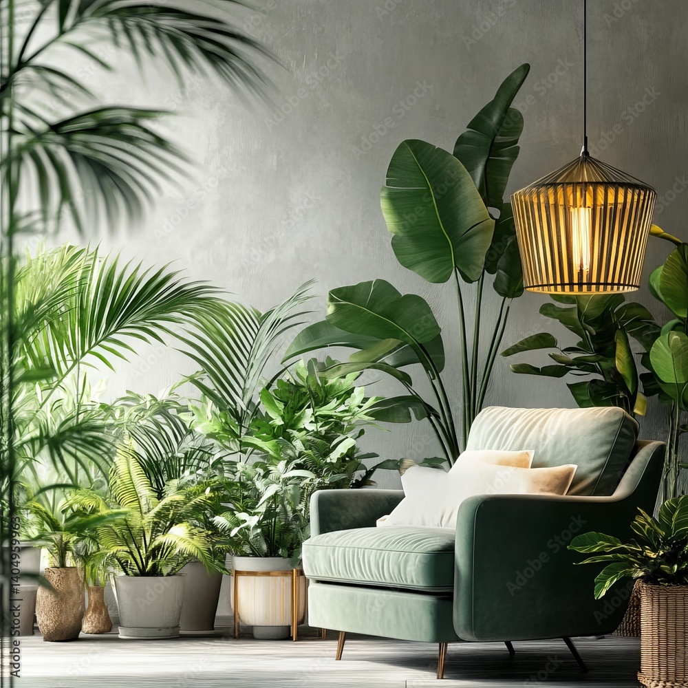 Tropical plants decorate the room.