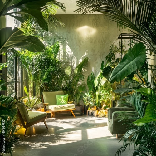Obraz na płótnie Room features lush green plants. w salonie
