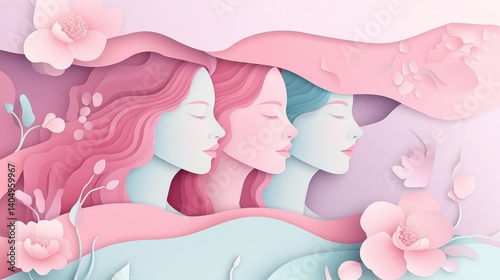 Three women with eyes closed and pink paper flowers in a paper art style