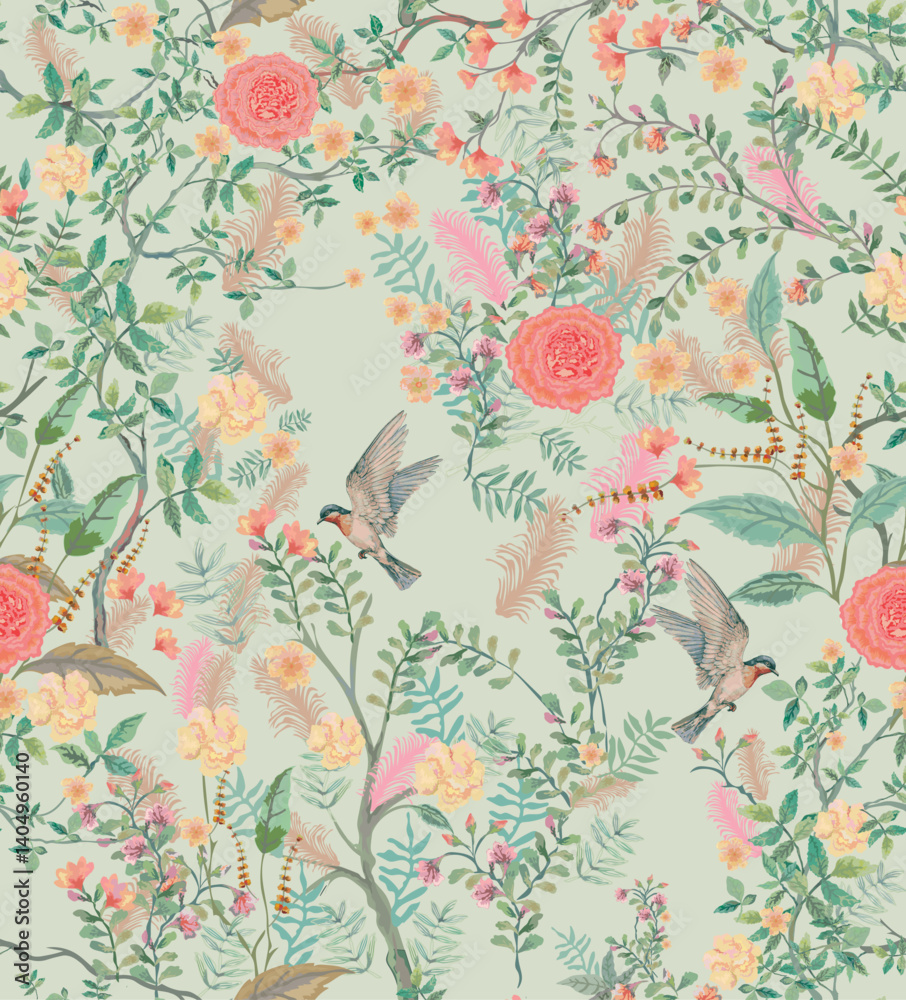 custom made wallpaper toronto digitalChinoiserie garden with flower, bird seamless pattern for wallpaper