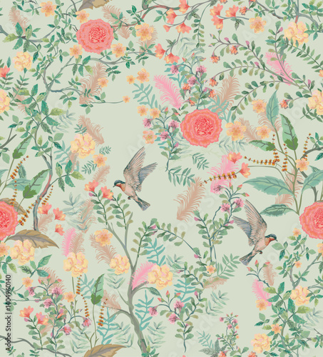 Chinoiserie garden with flower, bird seamless pattern for wallpaper