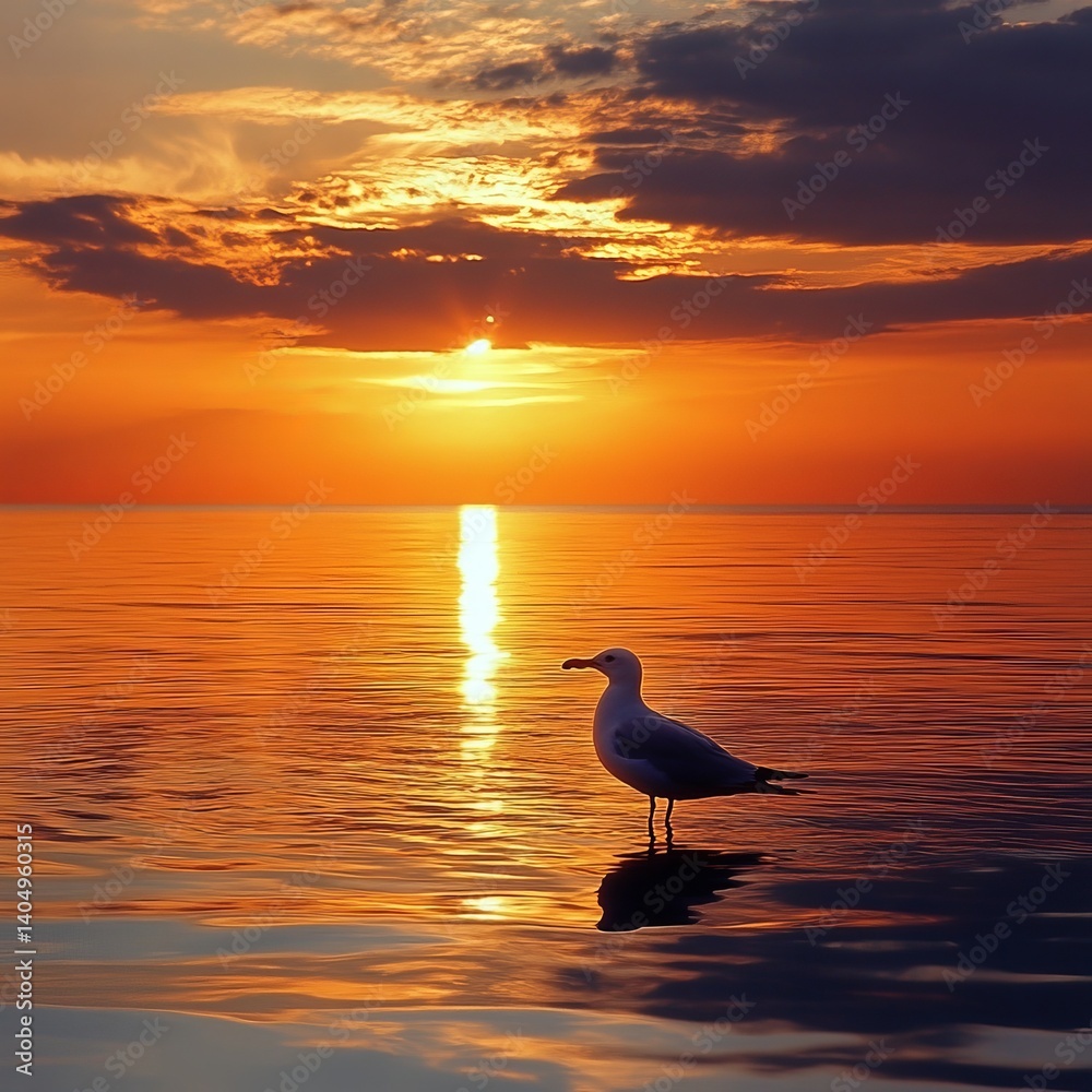Bird silhouette at sunset by the water.