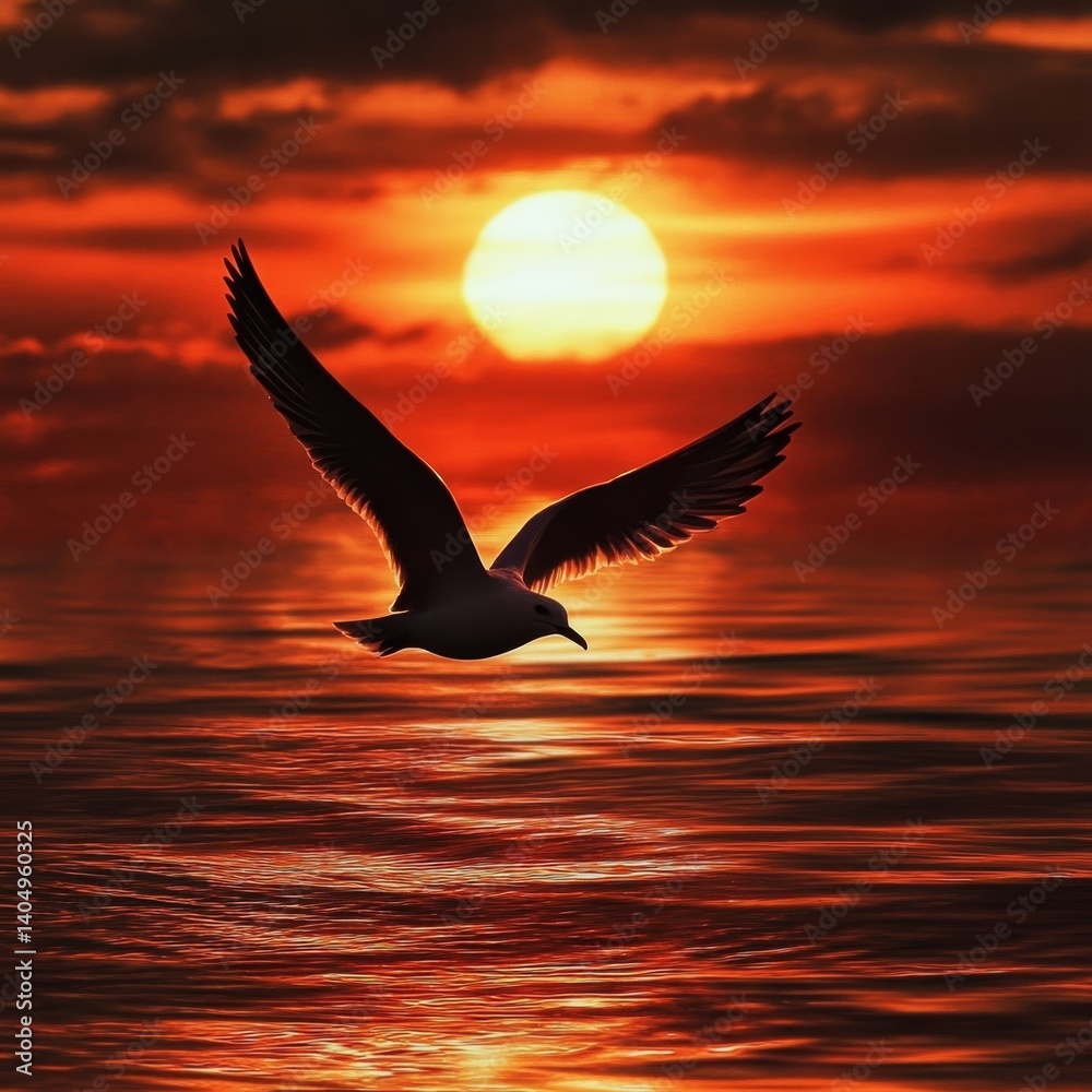 Sunset water view, bird flying.