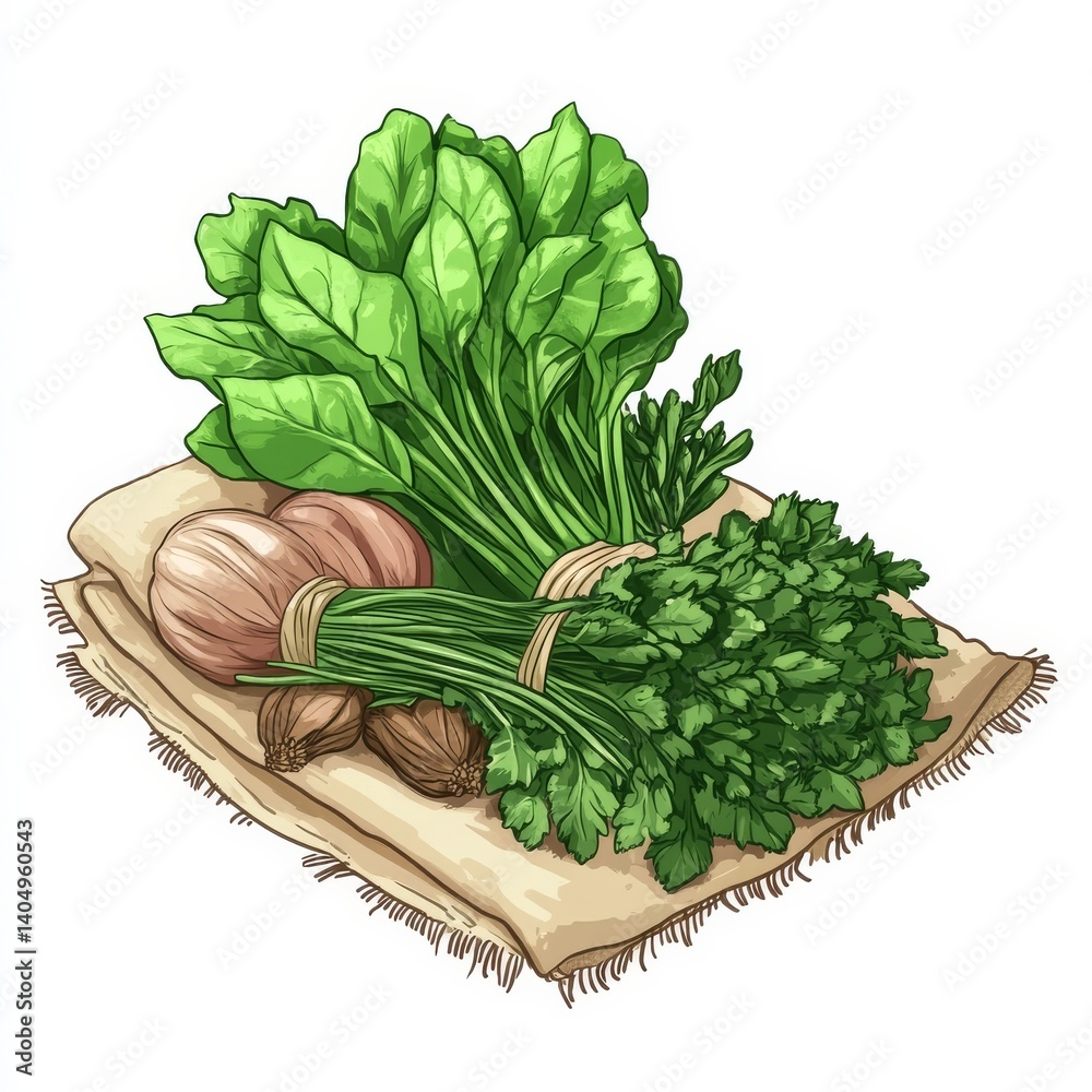 Fresh herbs on a towel.