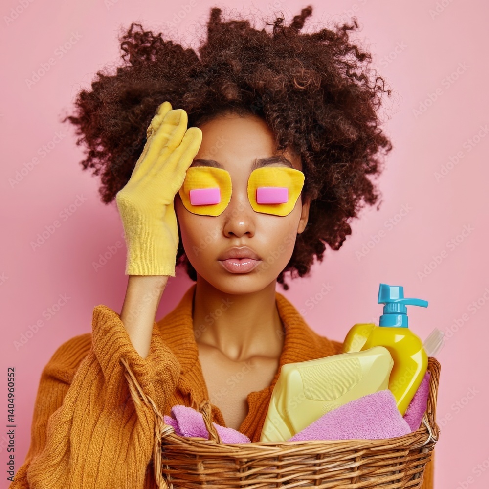 African American woman uses collagen pads, cleans near supplies.
