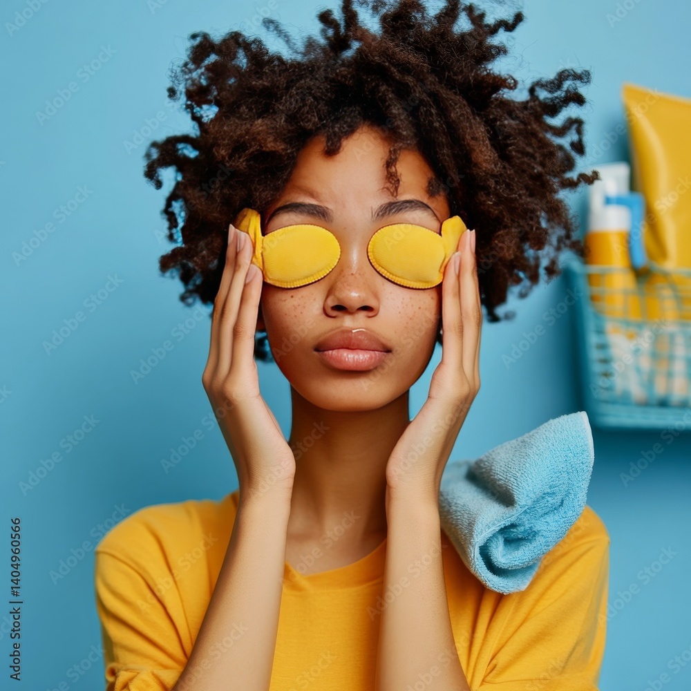 Black woman applies eye pads, cleans with mop and spray.