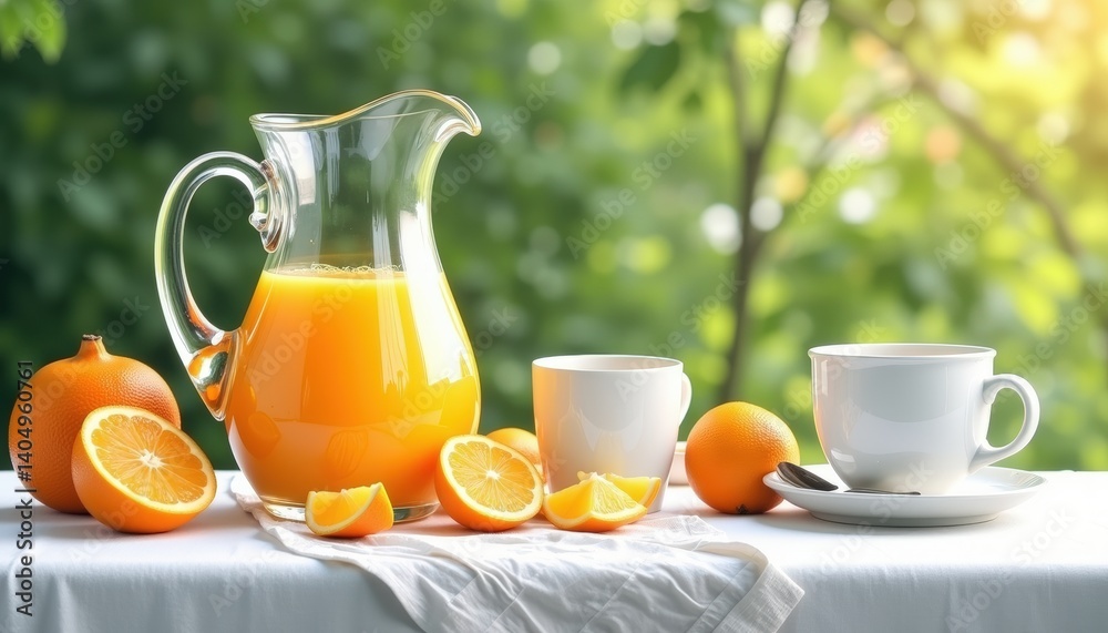 Refreshing Orange Juice on Table with Fresh Oranges in Garden Refreshing Orange Juice on Table with Fresh Oranges in Garden