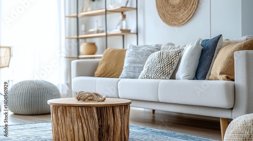 A coastal living room featuring nautical-themed pillows, light furniture, and driftwood decor